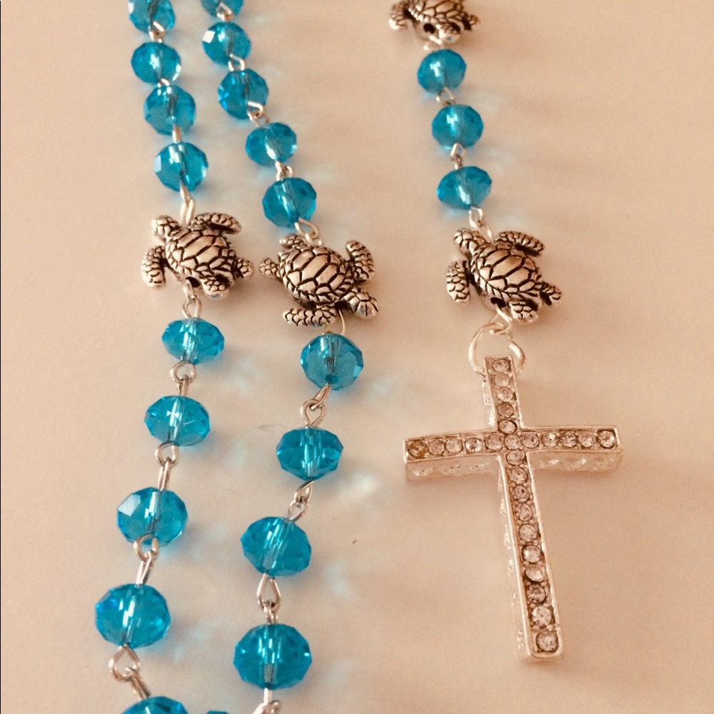 Blue and silver turtle rosary or necklace